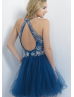 Navy Blue Tulle Beaded Halter Knee Length Prom Dress